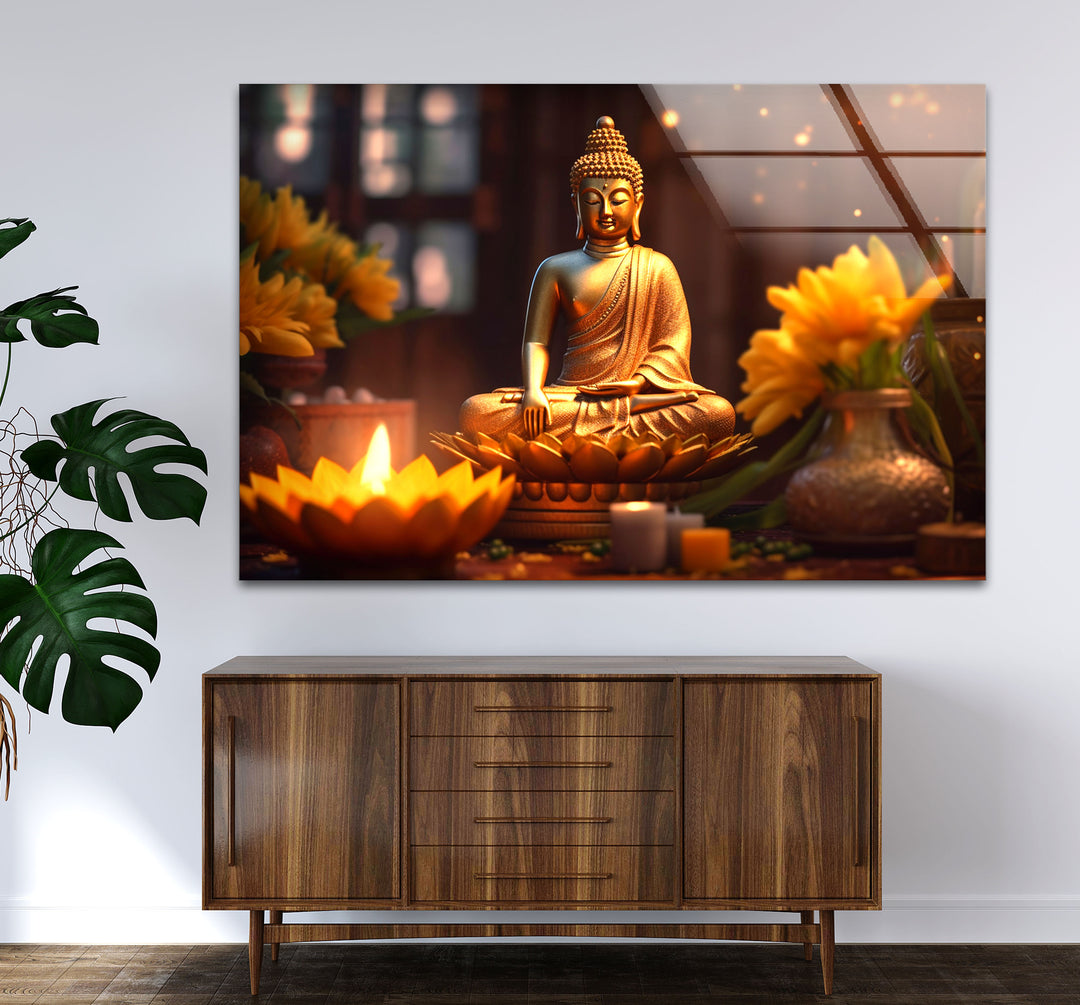 Golden Buddha Serenity Wall Art – Peaceful Candlelit Meditation Glass Print