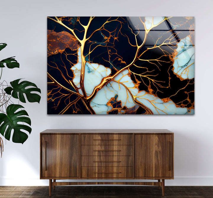 Electric Veins Abstrakte Wandkunst – Goldmarmor-inspirierter Glasdruck