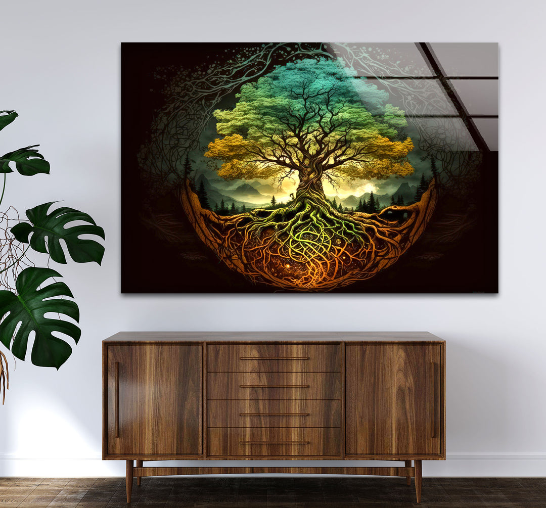Wandkunst „Baum des Lebens“ – Lebendige Wurzeln und Waldenergie-Glasdruckdesign