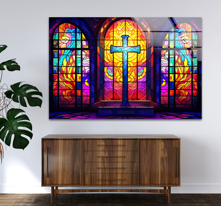 Stained Glass Church Cross Wall Art – Colorful Christian Glass Print Design