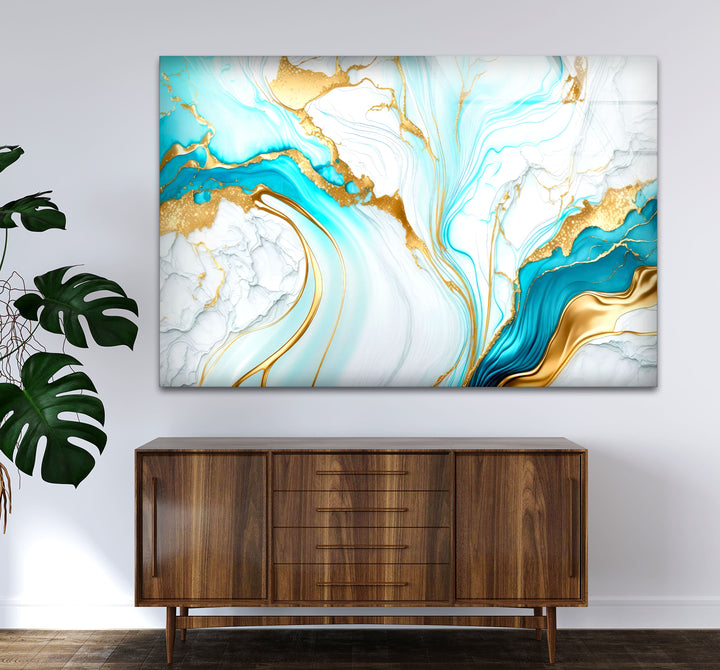 Wandkunst aus blauem und goldenem Marmor – Eleganter, fließender abstrakter Glasdruck