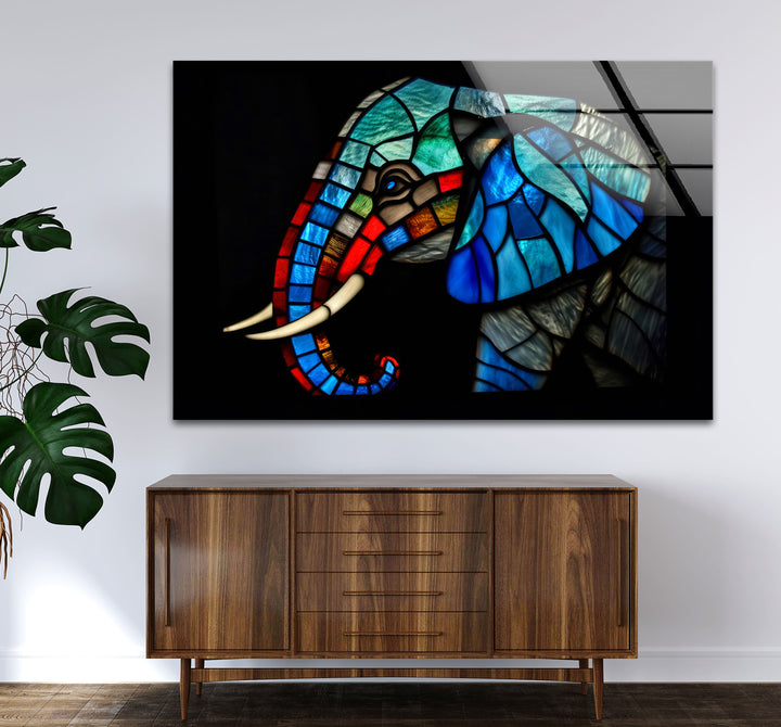 Blaue Elefanten-Wandkunst aus Buntglas – Farbenfrohes Tier-Glasdruck-Design