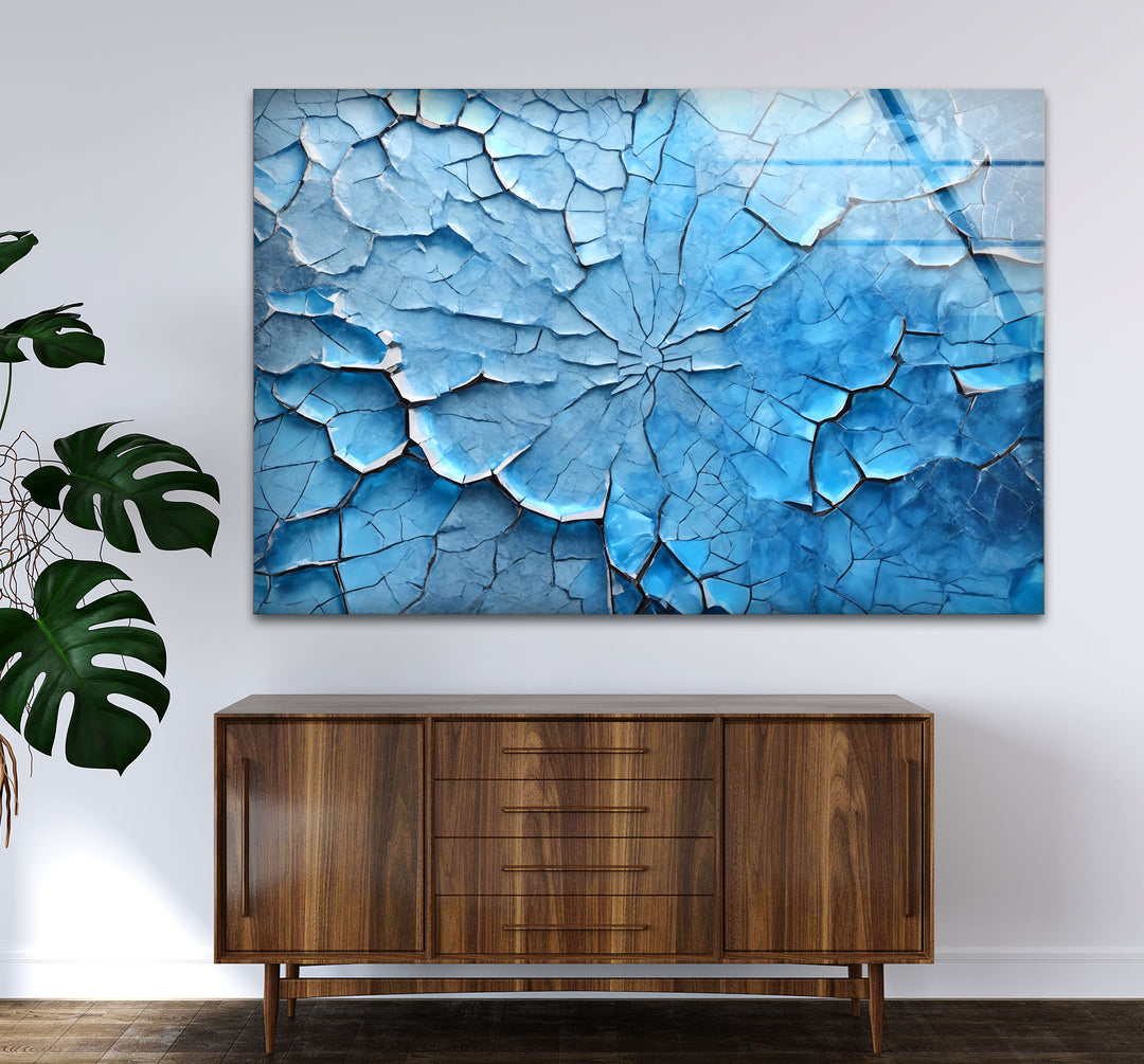 Cracked Ice Abstract Wall Art – Blue Textured Glass Print Design