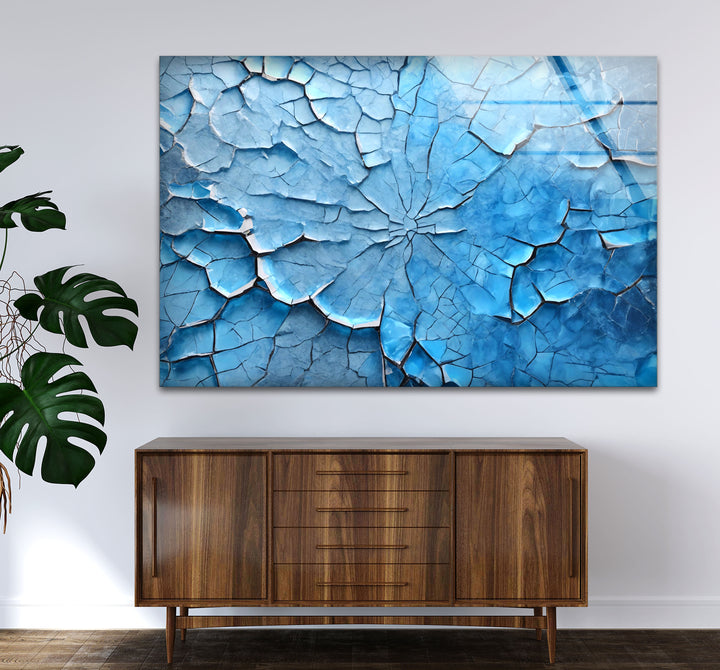 Cracked Ice Abstract Wall Art – Blue Textured Glass Print Design