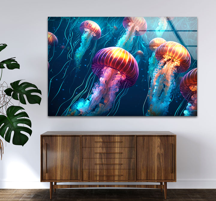 Leuchtende Quallen-Wandkunst – Unterwasser-Ozeanszene-Glasdruck
