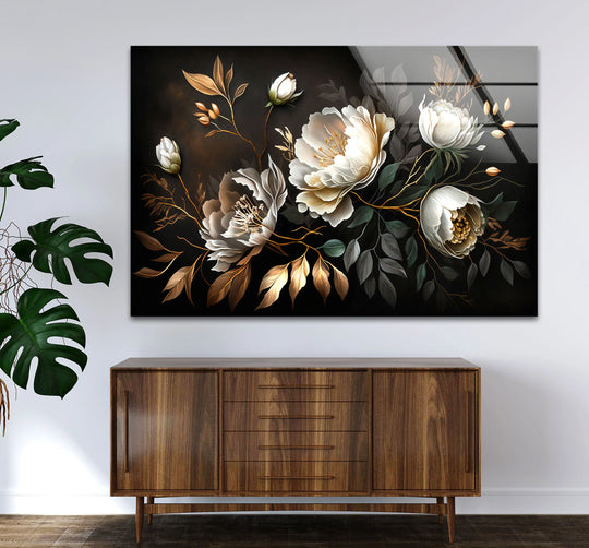 Negative space surrounds the elegant white peony decorative wall art, highlighting the dark floral glass print's gold accents.