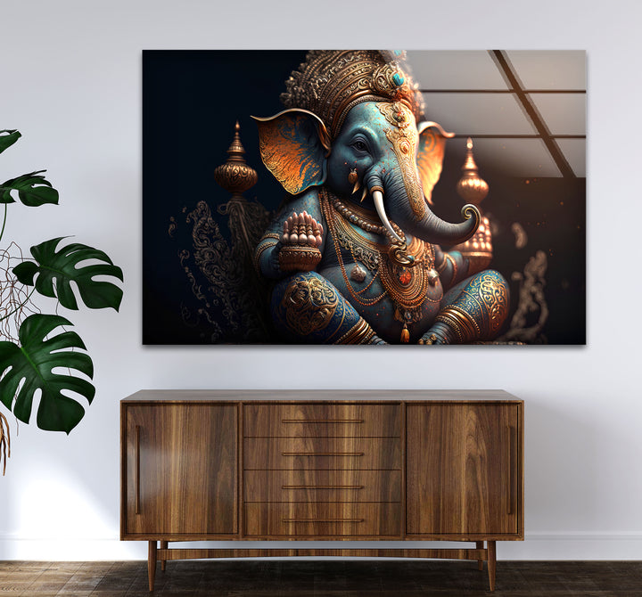 Royal Ganesha Wall Art – Luxurious Hindu Deity Glass Print Décor