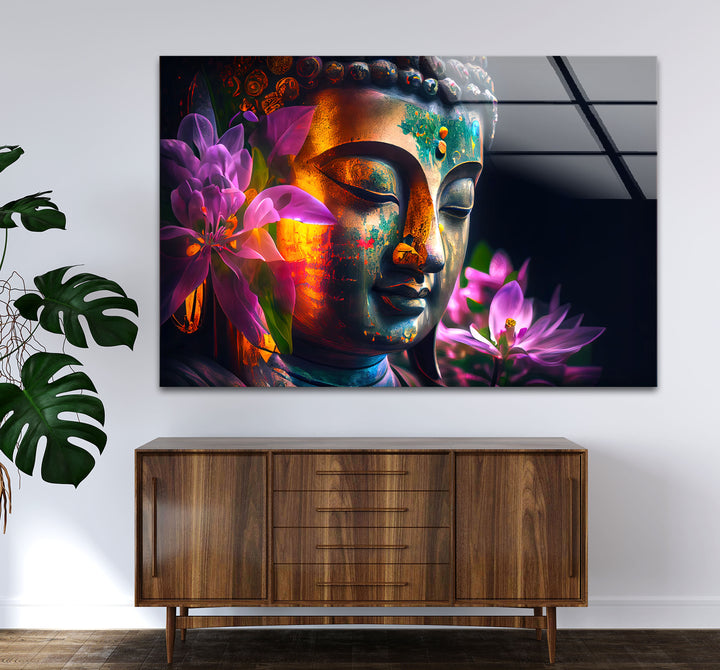 Colorful Buddha Wall Art – Floral Enlightenment Glass Print