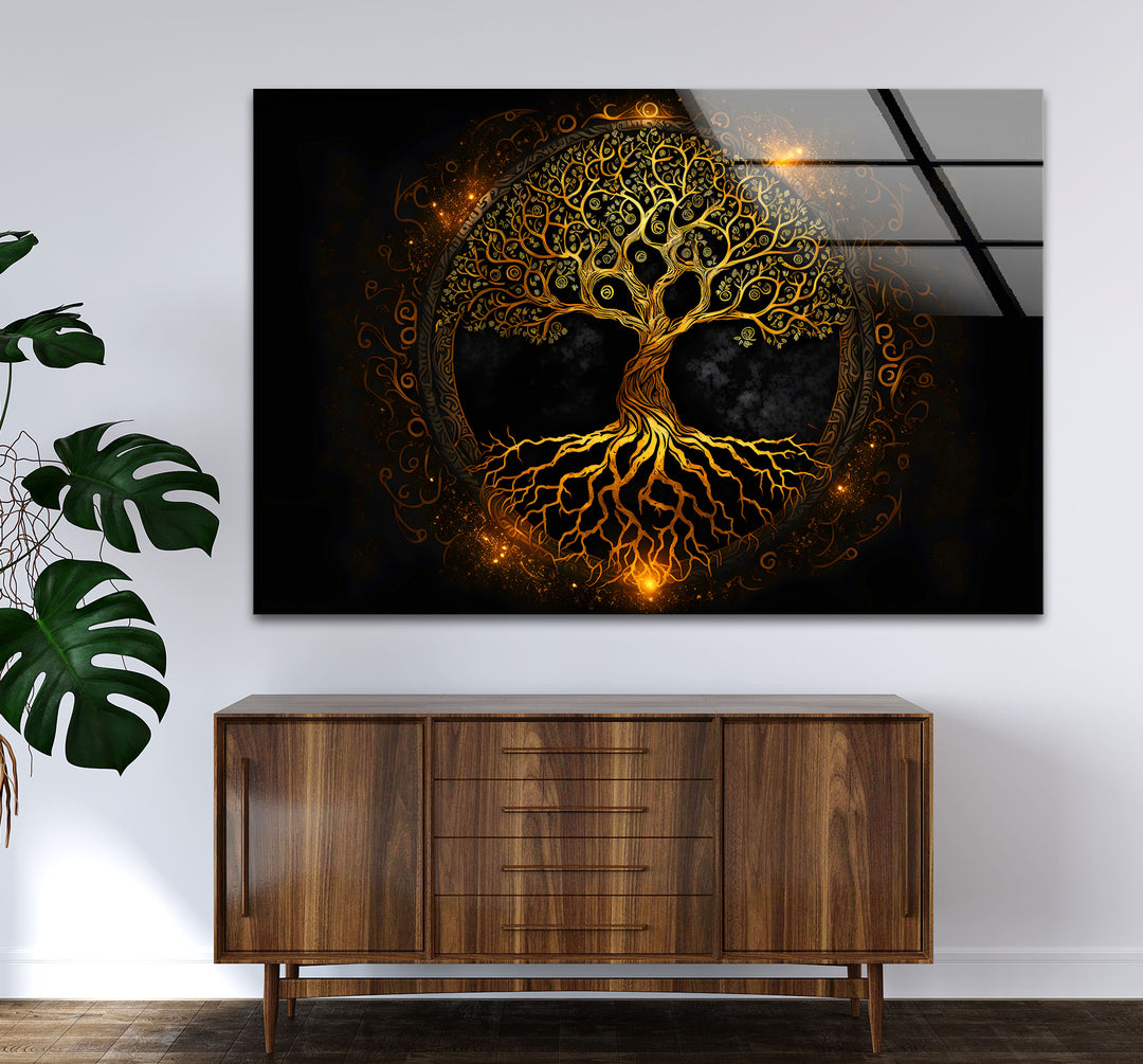 Wandkunst „Baum des Lebens“ – Leuchtendes goldenes Design mit Wurzeln und Zweigen auf Glas