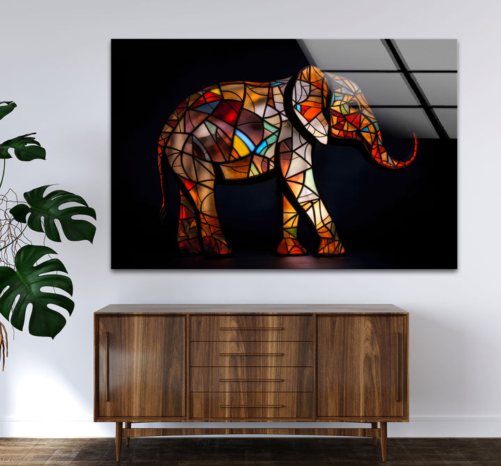 Stained Glass Elephant Wall Art – Colorful Animal Glass Print for Modern Decor