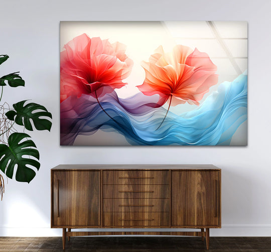 Twin Petal Flow glass art displays realistic, luminous floral petals with flowing, abstract waves of sapphire and crimson silk.