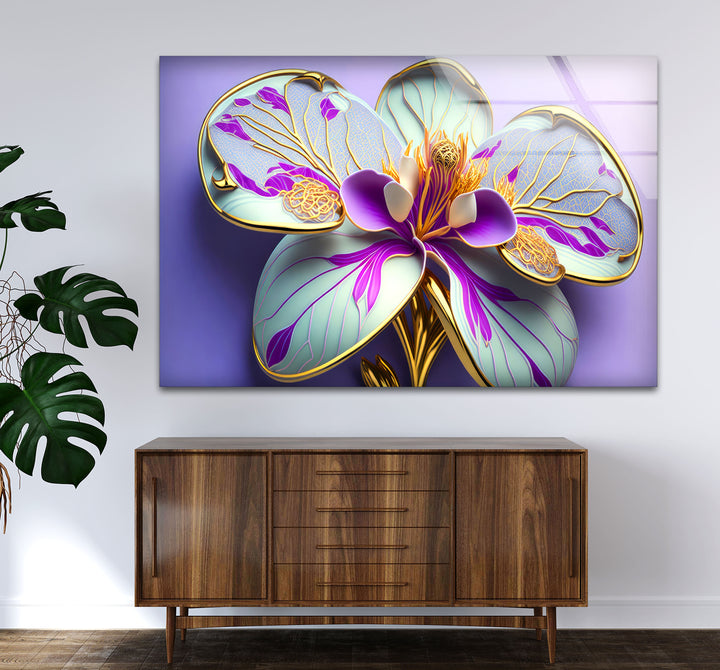 Luxuriöse Wandkunst mit Orchideenblüte – Lila- und Goldblumen-Glasdruck