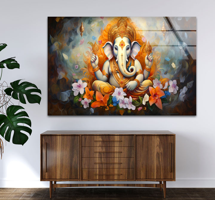 Sacred Ganesha Wall Art – Divine Floral Hindu Decor Glass Print