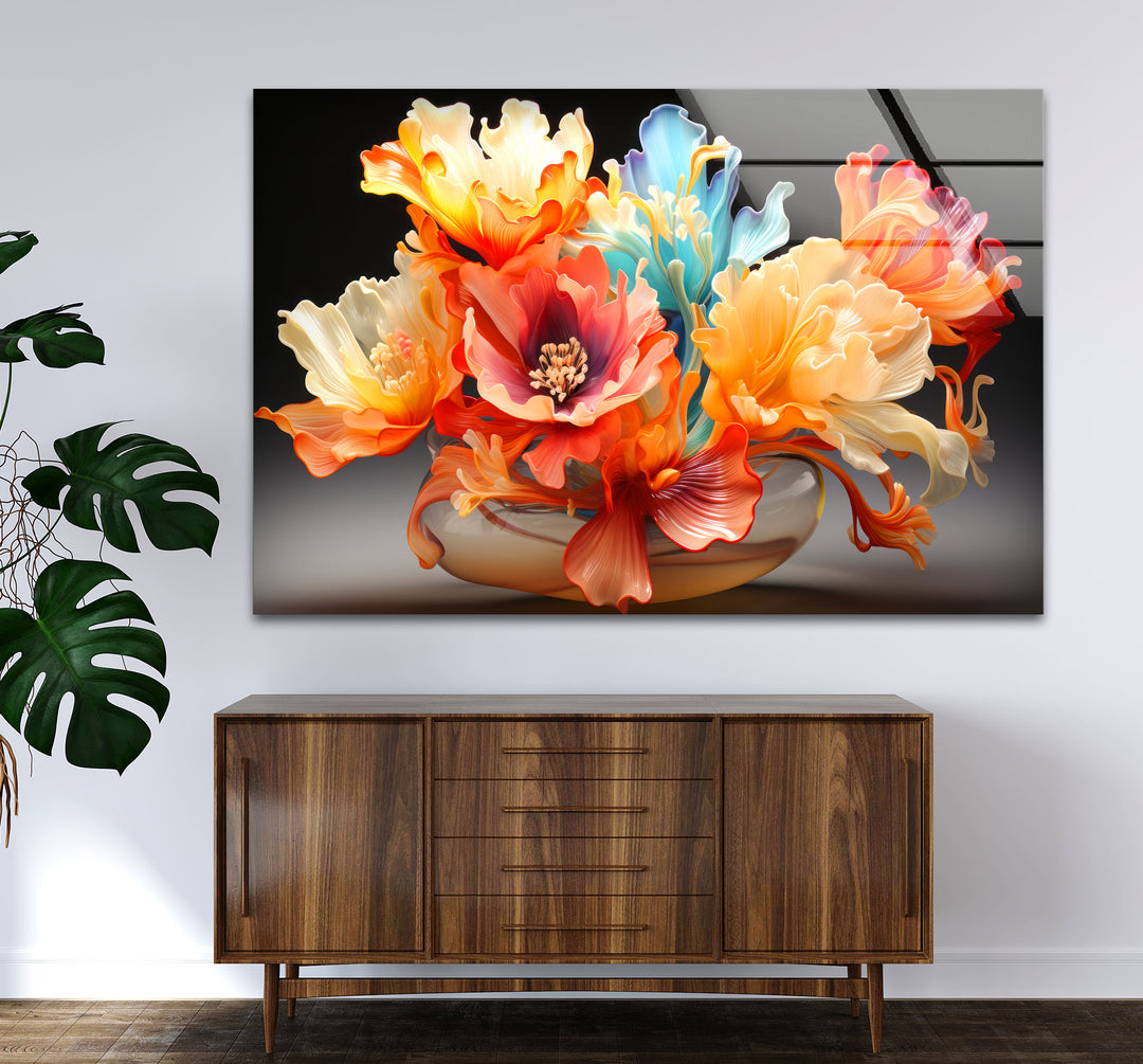 Color Bloom Glaswandkunst – Lebendiger floraler abstrakter Druck 