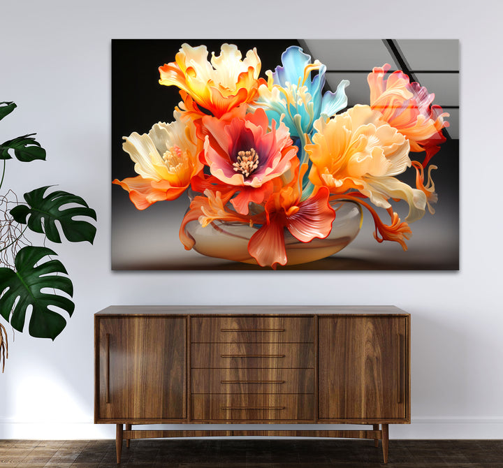 Color Bloom Glaswandkunst – Lebendiger floraler abstrakter Druck 