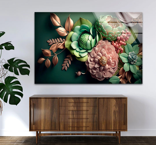 The stillness of the green botanical wall art showcases a 3D floral arrangement through high-quality glass printing, frozen in a moment of elegant serenity with blush and gold accents.