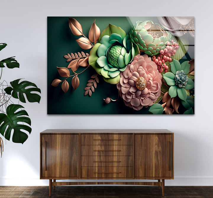 Grüne botanische Wandkunst – 3D-Blumendruck auf Glas mit goldenen und rötlichen Akzenten