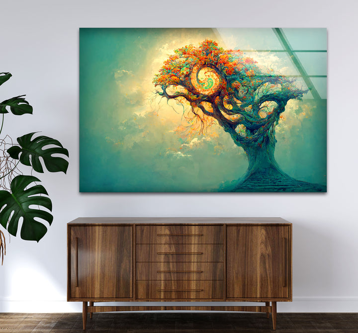 Spiralbaum-Wandkunst – Mystisches Fantasy-Lebensbaum-Glasdruck-Design