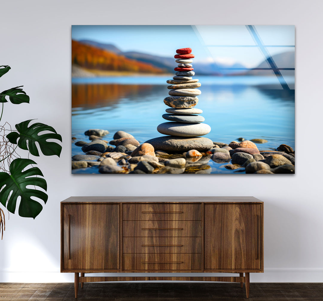 Stacked Stones Glass Wall Art – Tranquil Lake Balance Scene