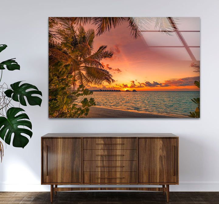 Tropical Sunset Beach Wall Art – Palm Tree Ocean View Glass Print