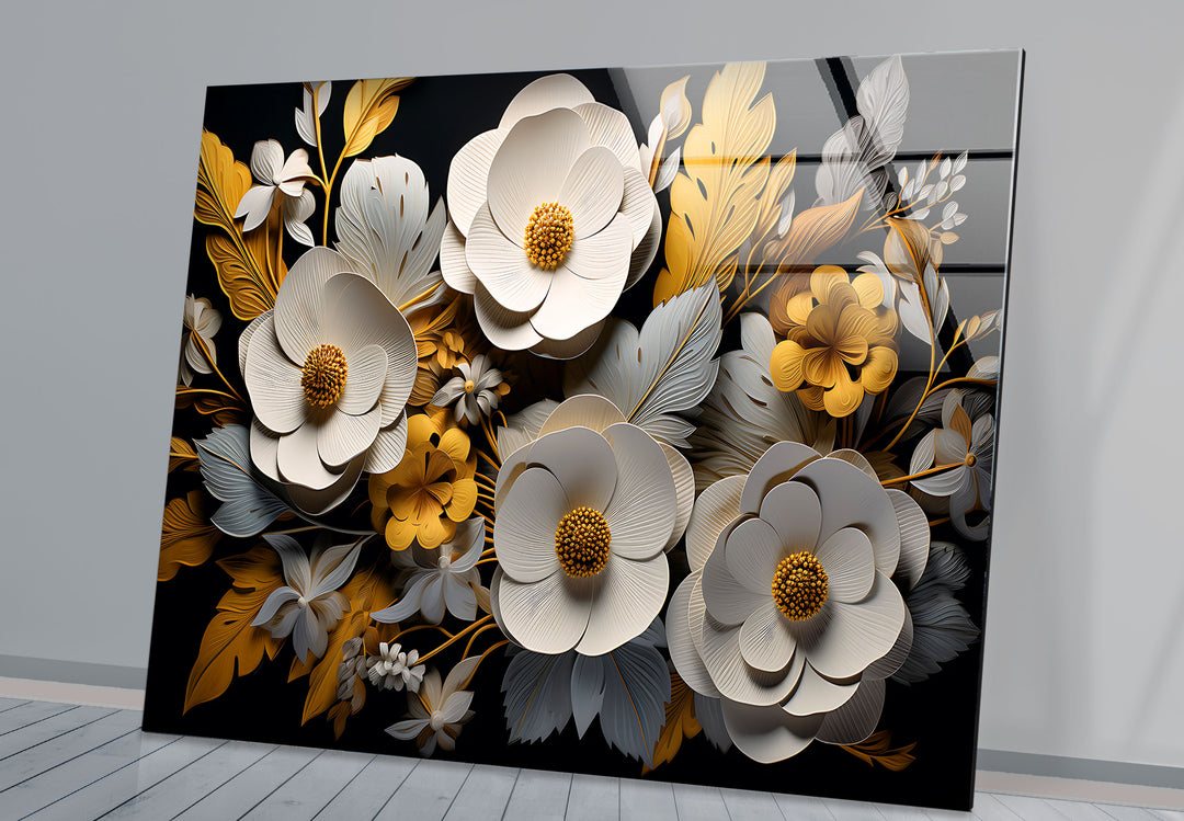Luxuriöse florale Glaswandkunst – Gold- und weißes 3D-Blumendesign 