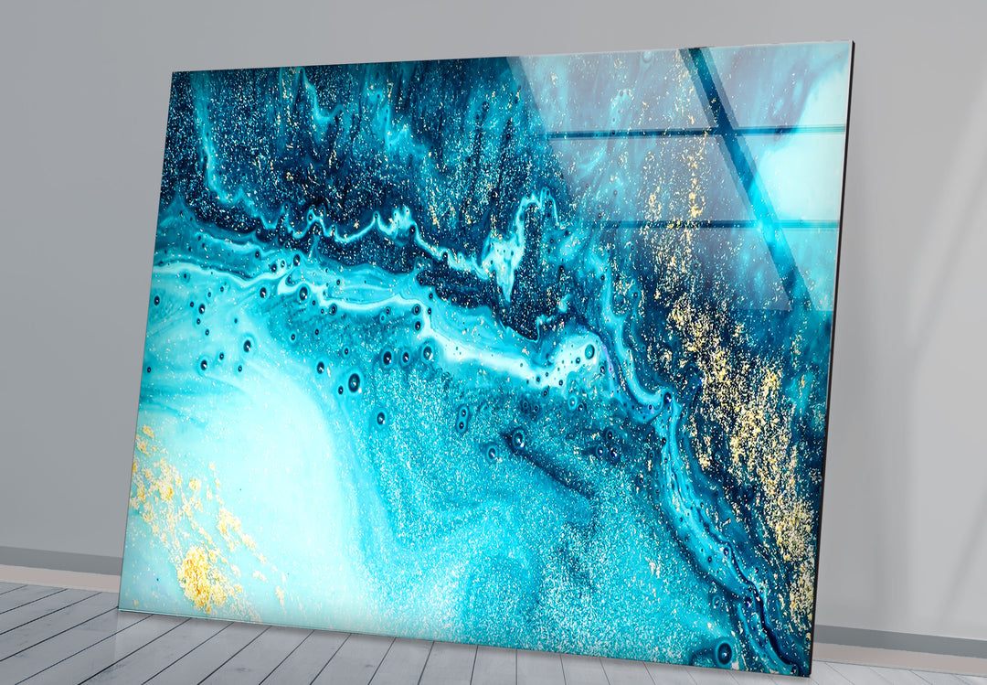Blue and Gold Abstract Wall Art – Ocean-Inspired Glass Print Design