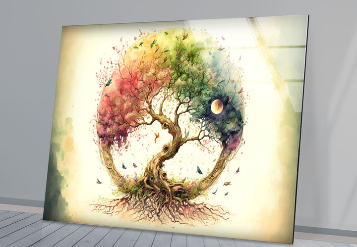 Regenbogen-Baum des Lebens Wandkunst – Wunderliches Aquarell-Glasdruck-Design