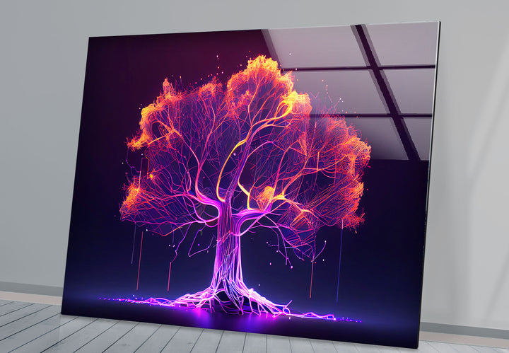 Neon Digital Tree Wandkunst – Futuristischer leuchtender Lichtnetzwerk-Glasdruck