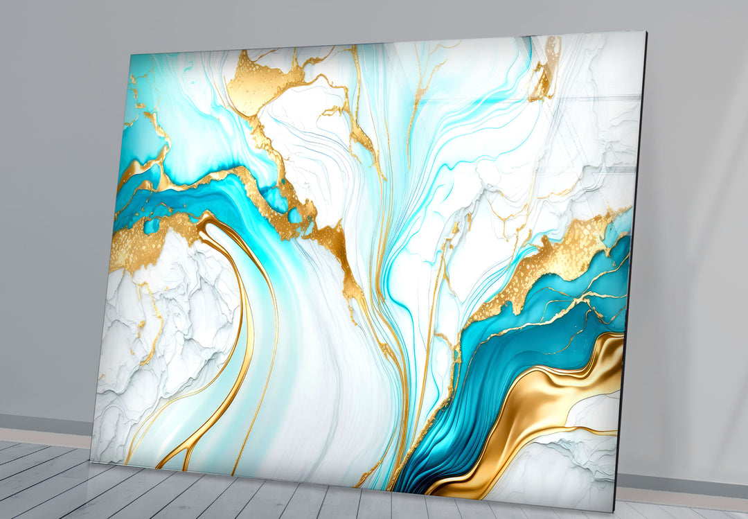 Wandkunst aus blauem und goldenem Marmor – Eleganter, fließender abstrakter Glasdruck