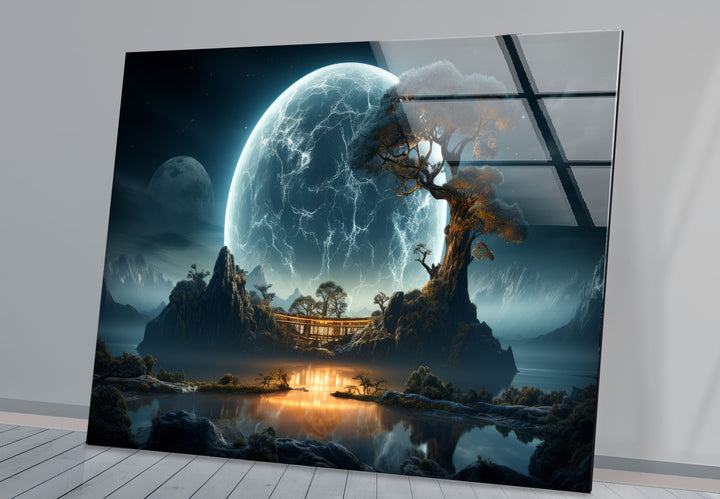 Moonlit Zen Temple Wall Art – Futuristic Landscape Glass Print