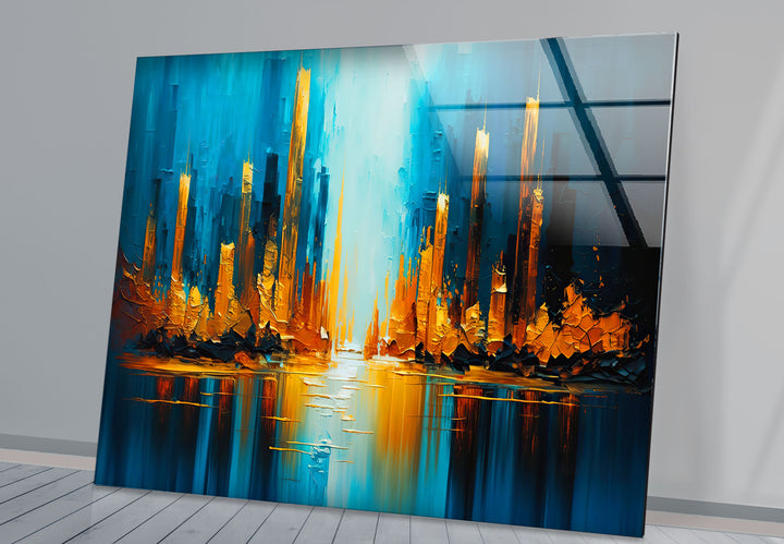 Blue and Gold Abstract City Wall Art – Vibrant Skyline Glass Print
