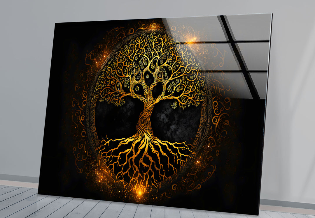 Wandkunst „Baum des Lebens“ – Leuchtendes goldenes Design mit Wurzeln und Zweigen auf Glas