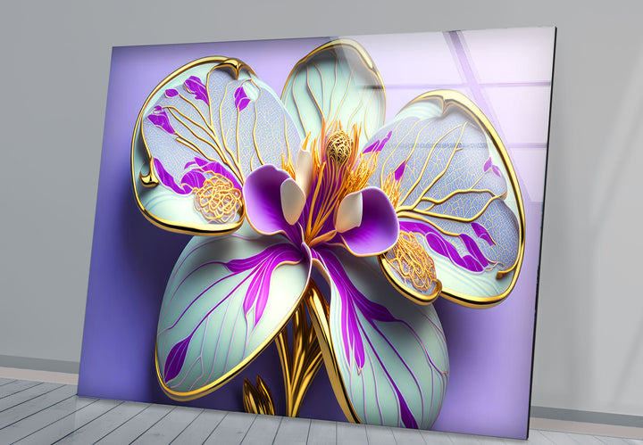 Luxuriöse Wandkunst mit Orchideenblüte – Lila- und Goldblumen-Glasdruck