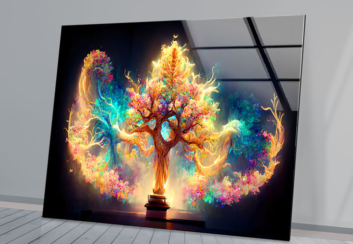 Fantasy-Baum des Lebens Wandkunst – Strahlendes, magisch leuchtendes Glasdruck-Design