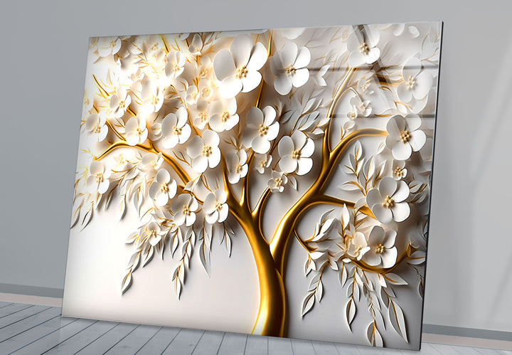 Golden Blossom Tree Wandkunst – Weißes Blumenglaskunstwerk für elegantes Dekor