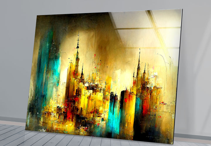 Abstract Cityscape Wall Art – Golden and Teal Urban Glass Print Design