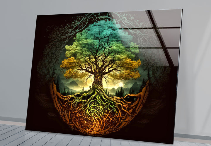 Wandkunst „Baum des Lebens“ – Lebendige Wurzeln und Waldenergie-Glasdruckdesign