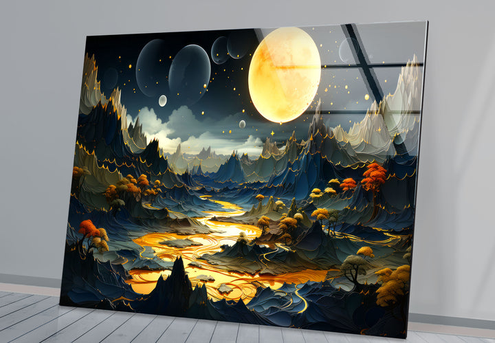 Fantasy Moonlit Landscape Wall Art – Surreal Glass Print with Golden River