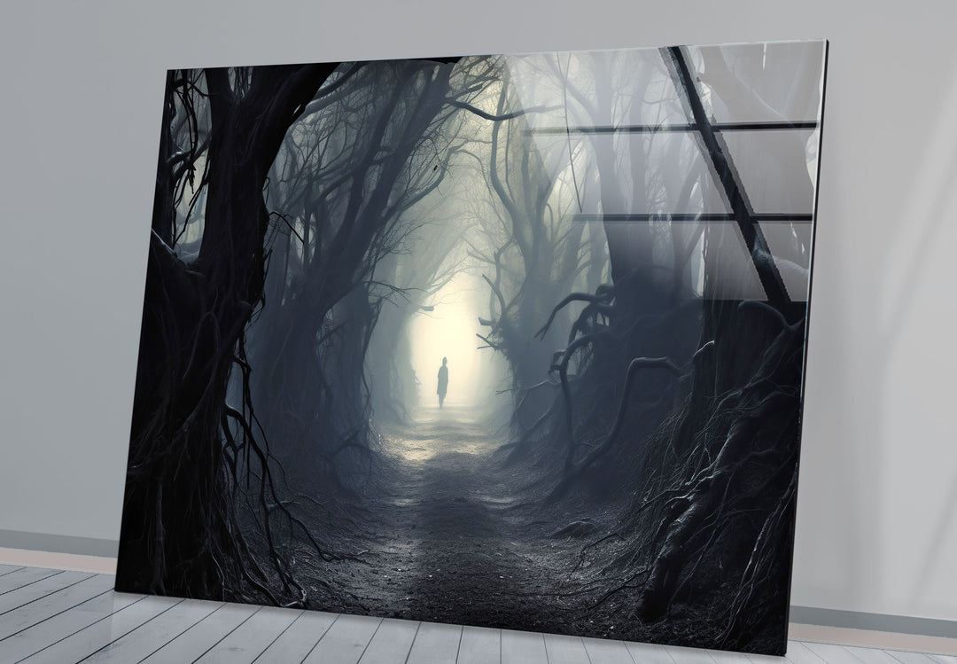 Geheimnisvoller Waldweg Wandkunst – Dunkler Fantasy-Glasdruck für die Inneneinrichtung 