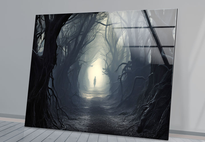 Geheimnisvoller Waldweg Wandkunst – Dunkler Fantasy-Glasdruck für die Inneneinrichtung 