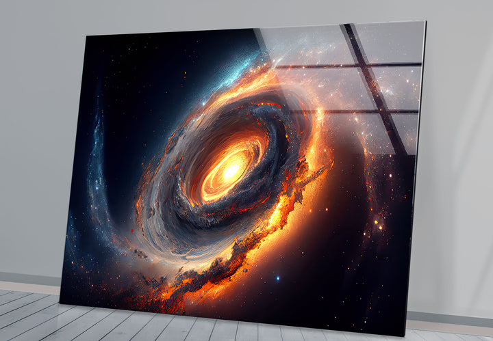 Feurige Galaxie-Spiralwandkunst – Glasdruck mit Weltraumnebel 