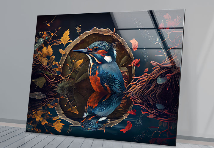 Eisvogel-Reflexion Wandkunst – Herbstwaldvogel-Glasdruck-Design
