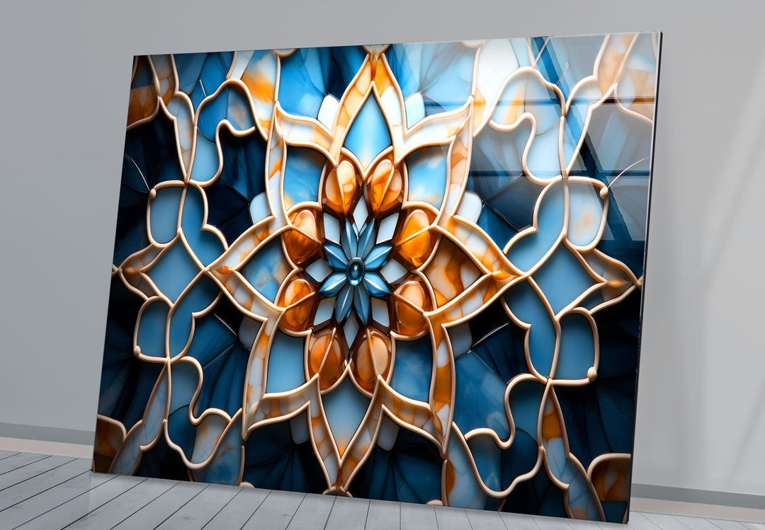 Blue & Amber Geometric Wall Art – Islamic Mandala Glass Print for Modern Interiors