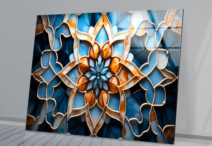 Blue & Amber Geometric Wall Art – Islamic Mandala Glass Print for Modern Interiors