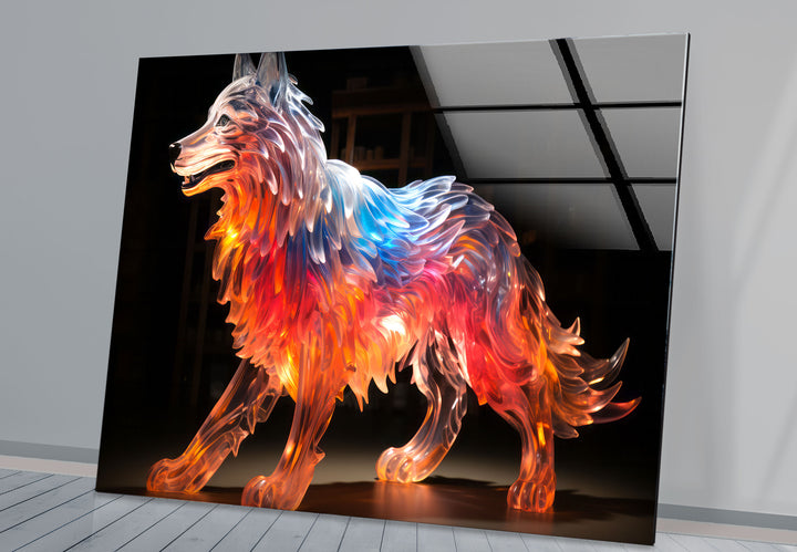 Glowing Wolf Wall Art – Abstract Fiery Glass Sculpture Print Design