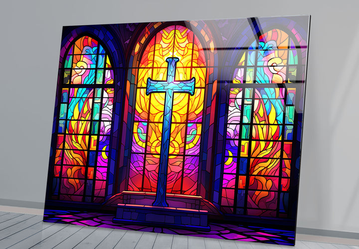 Stained Glass Church Cross Wall Art – Colorful Christian Glass Print Design