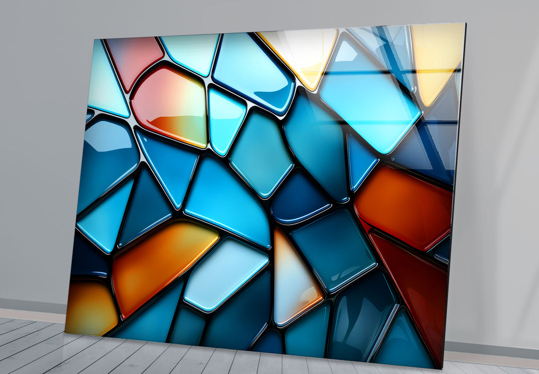 Moderne Wanddekoration aus Buntglas – Abstrakter Musterdruck in Blau und Rot 
