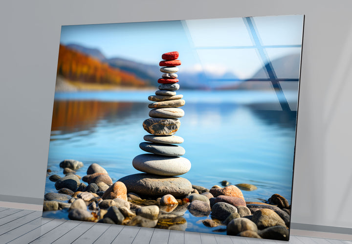 Stacked Stones Glass Wall Art – Tranquil Lake Balance Scene
