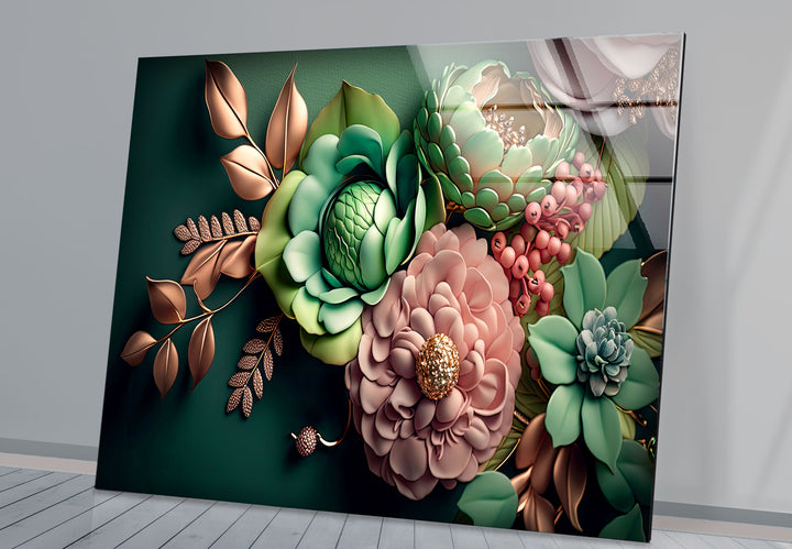 Grüne botanische Wandkunst – 3D-Blumendruck auf Glas mit goldenen und rötlichen Akzenten