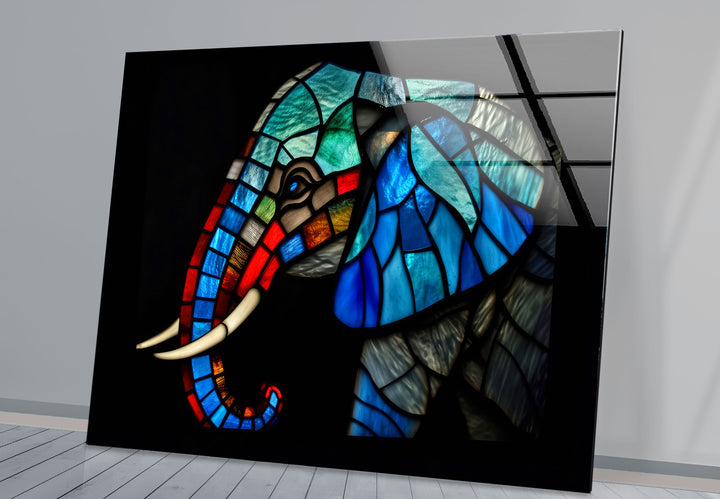 Blaue Elefanten-Wandkunst aus Buntglas – Farbenfrohes Tier-Glasdruck-Design